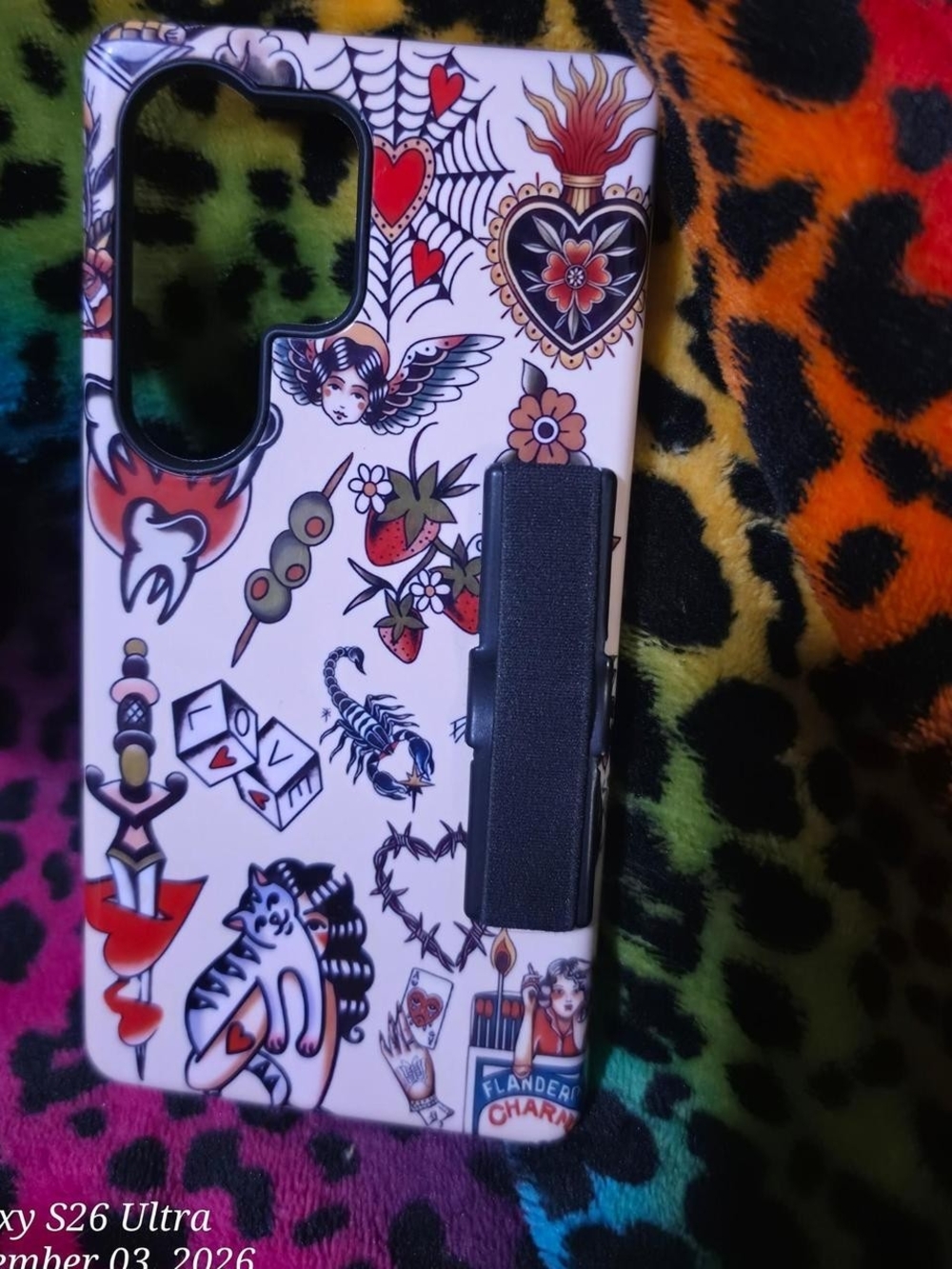 Samsung S25 Ultra Stylish White Tattoo-Print HardPhone Case with Black Kickstand